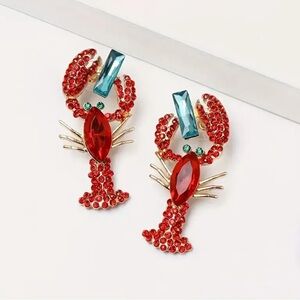 Lobster Crawfish Rhinestone Earrings Red and Blue